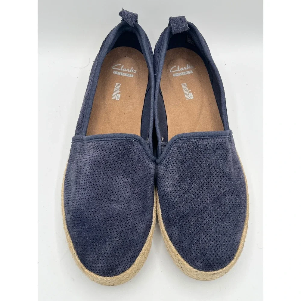 Clarks Collection Navy Blue Perforated Suede Espadrille Flats Women Sz 9M